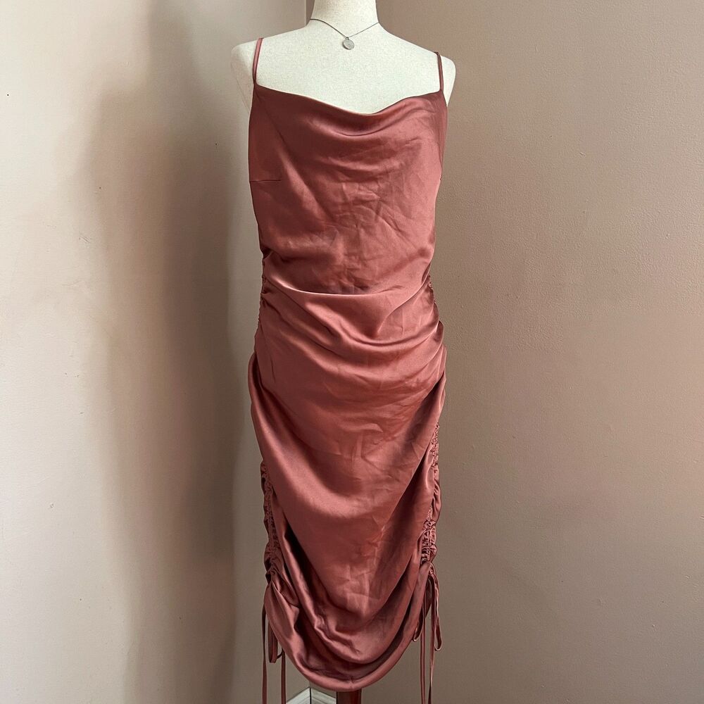 Mable Satin Ruched Cowl Neck Midi Dress Rose Gold Rust Going Out‎ Wedding Size M
